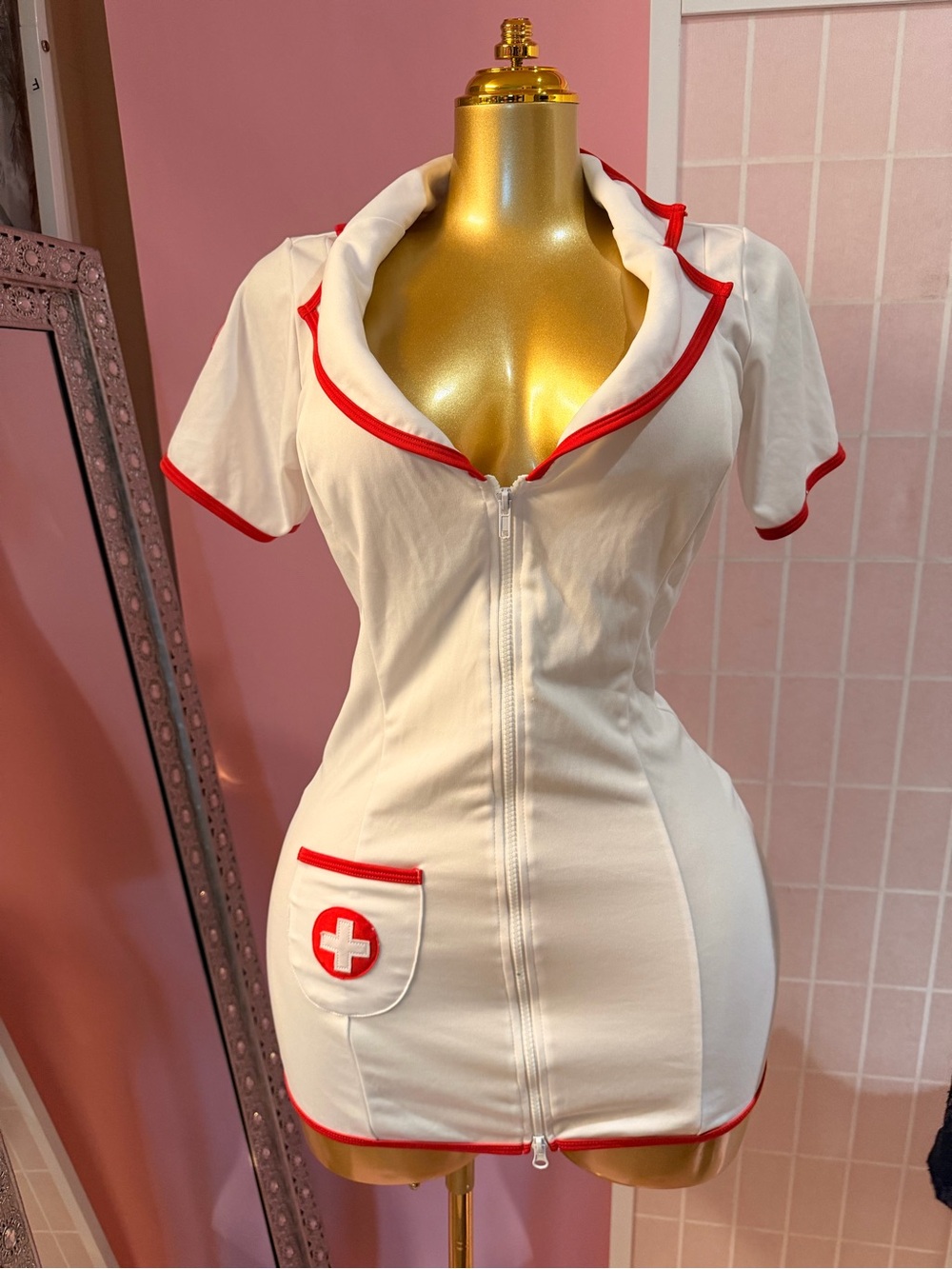 Elegant Moments White Costume Dress with Pink Accent
